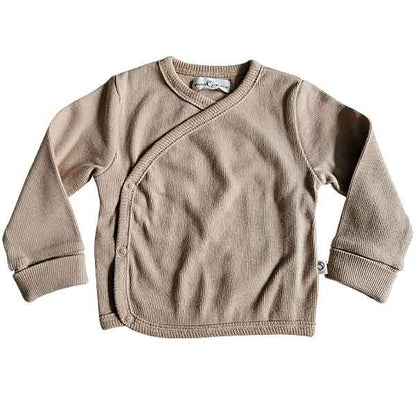 Studio Spruitje tweedehands baby overslagshirt in beige ribstof met lange mouwen.