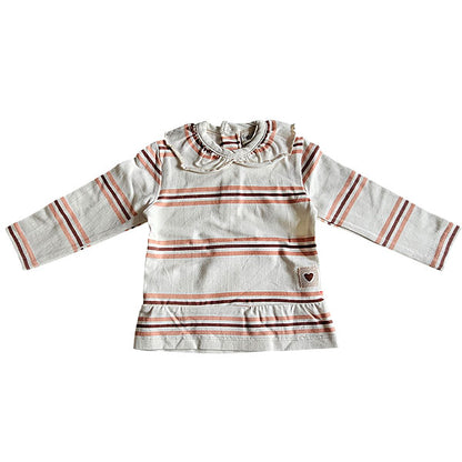 Frogs and Dogs tweedehands baby shirt lange mouw Beautiful Hearts – gestreept gebroken wit - showmodel