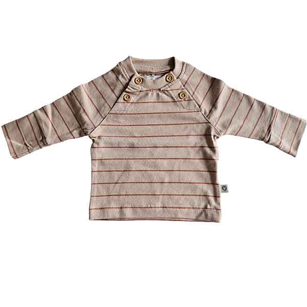 Studio Spruitje tweedehands babyshirt beige met cognac strepen en houten knoopjes.