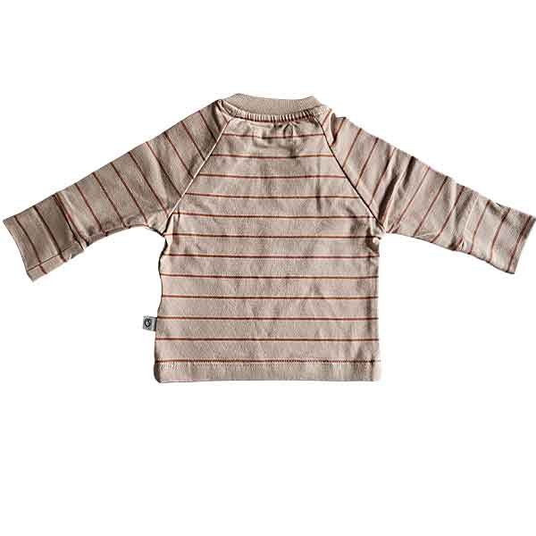 Studio Spruitje tweedehands babyshirt beige met cognac strepen en houten knoopjes.